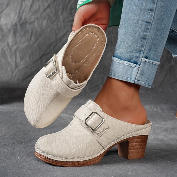 Miluxas Heeled Mules for Women Closed Toe Chunky Heels Round Toe Sandals Comfortable Slip on Dress Pumps Sandals Slides for Daily Wear Beige 5.5(36)