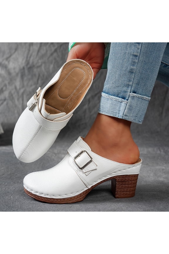 Heeled Mules for Women Closed Toe Chunky Heels Round Toe Sandals Comfortable Slip on Dress Pumps Sandals Slides for Daily Wear White 7.5(40)