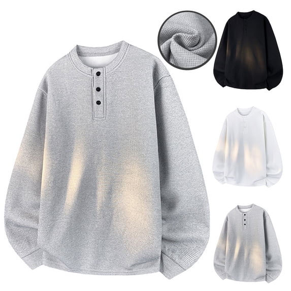 Miluxas Henley Long Sleeve Shirts for Men Waffle thermal Fashion Casual Tee Shirt Three Button Pullover with Pocket White