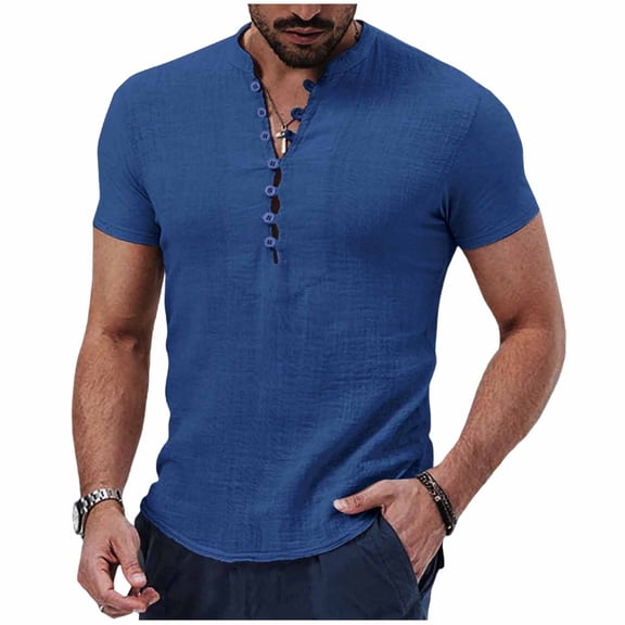 Miluxas Henley Shirts for Men Short Sleeve Casual Button Slim Fit Tee Shirts Dark Blue XL(XL)