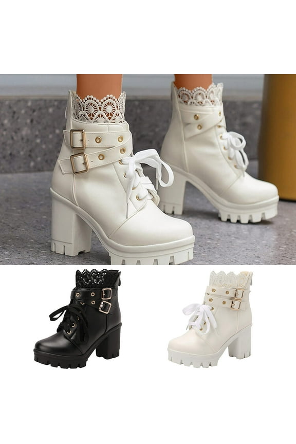 High Heels for Women Boots Round Toe Platform Booties Lace Up Leather Ankle Bootie White 9.5(43)