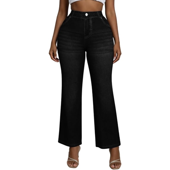 Miluxas High Waist Wide Leg Jeans for Women Stretchy Casual Pants Trendy Imitation Denim Fabric Black