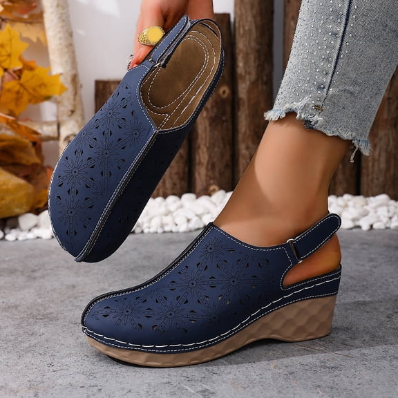 Miluxas Hollow Out Wedge Sandals for Womens Closed Toe Platform Ankle Strap Sandal Casual Plus Size Slingback Shoes Navy 9.5(43)