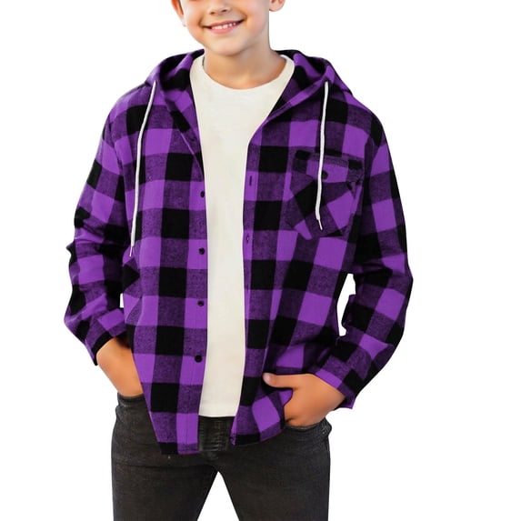 Miluxas Hooded Shirt for Boy Casual Button Down Shirt Long Sleeve Plaid Hoodie