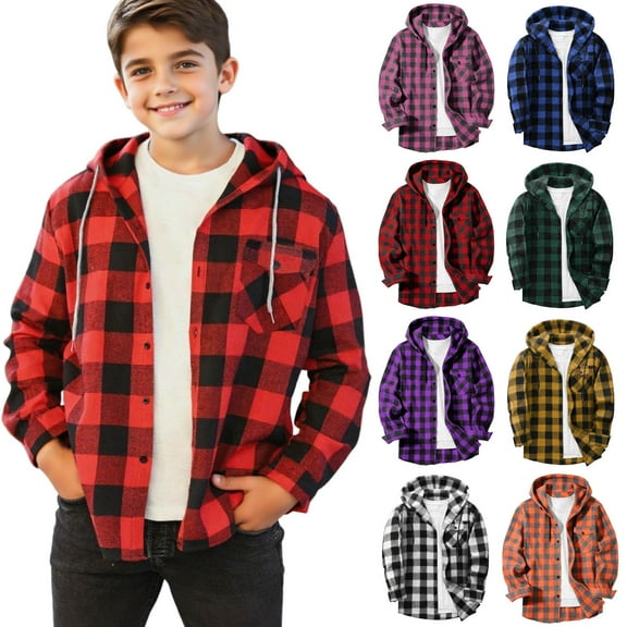 Miluxas Hooded Shirt for Boy Casual Button Down Shirt Long Sleeve Plaid Hoodie