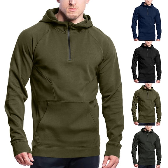 Miluxas Hooded Sweatshirt Men Quarter Zip Long Sleeve Waffle Knitted Shirts Casual Drawstring Outdoor Pullover with Pockets Navy