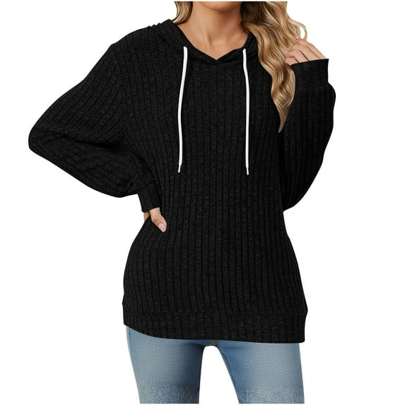 Miluxas Hoodies for Women Casual Long Sleeve Textured Knit Loose Drawstring Hooded Sweatshirt Black XXl(XXL)