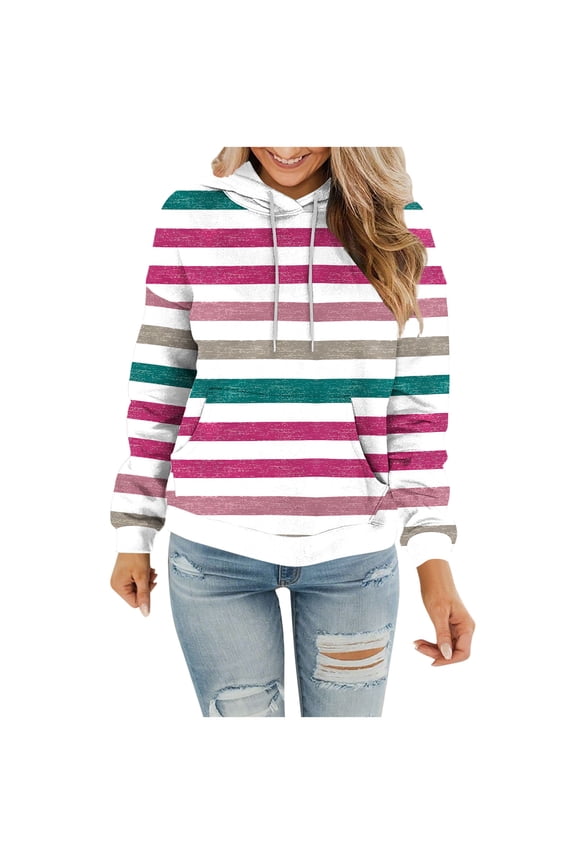 Hoodies for Women Striped Print Tops Pullover Hooded Sweatshirt Drawstring with Pocket Hot Pink S(S)