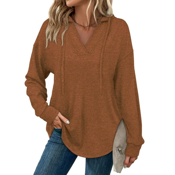 Miluxas Hoodies for Women Trendy Fall V Neck Oversized Sweatshirt Plus Size Tops Clothes Coffee S(S)