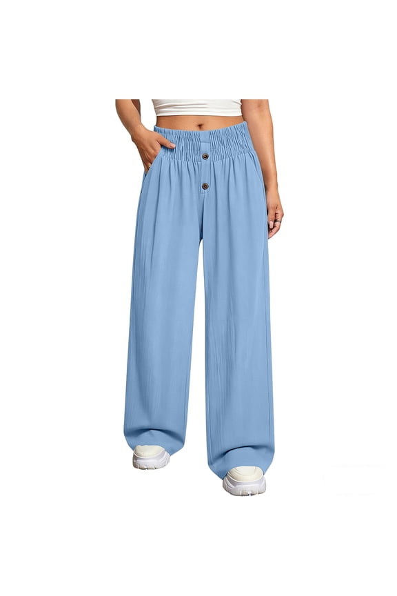 Ice Silk Crinkled Wide Leg Pants for Women Solid Color Smoked High Waist Loose Fit Casual Trousers with Pockets Casual office Daily Wear Light Blue