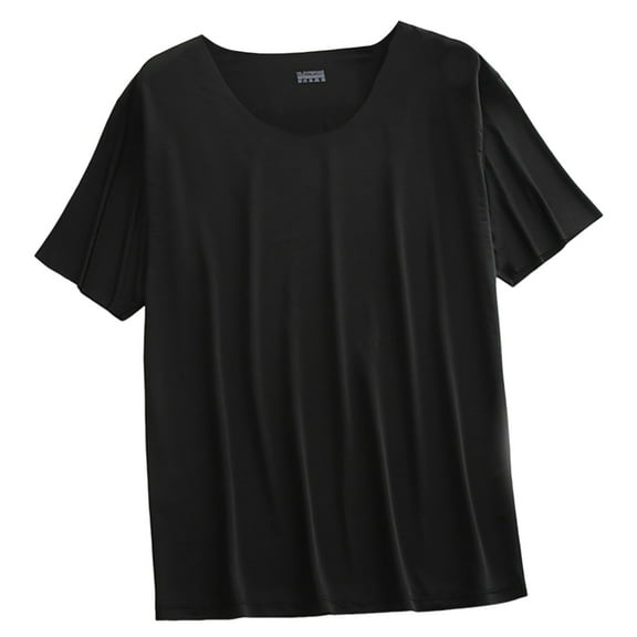 Miluxas Ice Silk Pajamas Men's Pajama Tops - Sleep Shirts for Men, Pure Color Round Neck Black L(L)