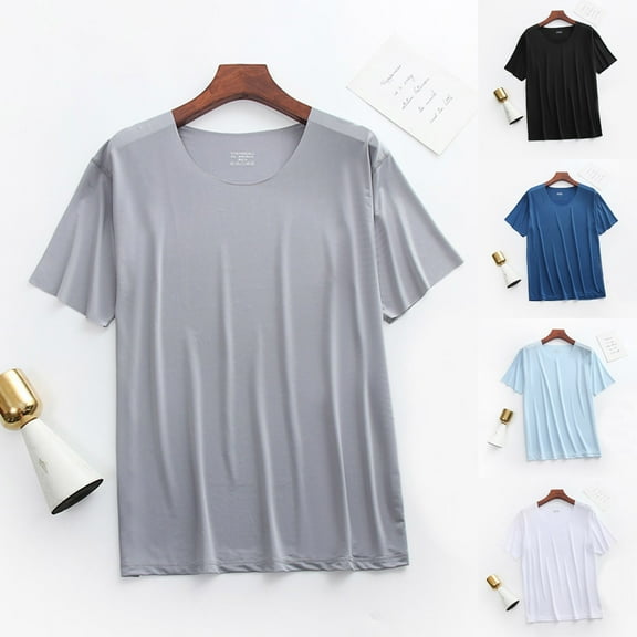 Miluxas Ice Silk Pajamas Men's Pajama Tops - Sleep Shirts for Men, Pure Color Round Neck White XL(XL)