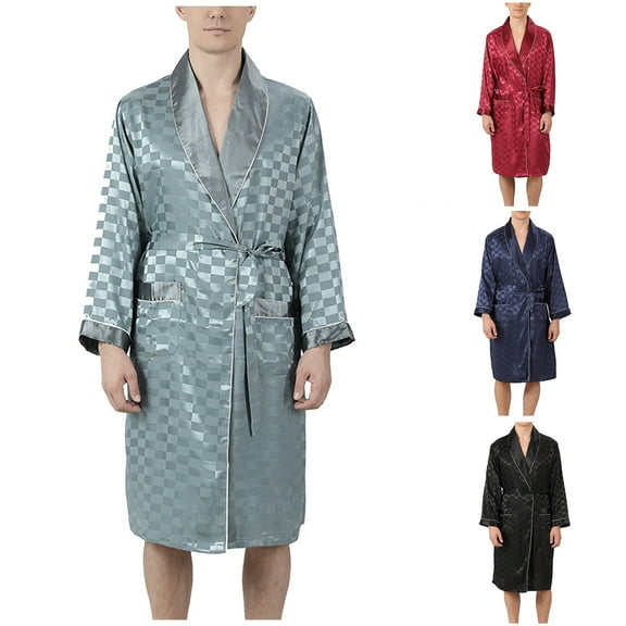 Miluxas Ice shreds Silk Robe Men Lightweight Kimono Long Bathrobe for Mens Summer Pajamas Set Red