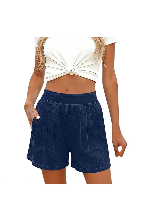 Jean Shorts for Women Trendy Pull On Mid Rise Elastic Waist Summer Casual Stretchy Denim-Like Walking Shorts Dark Blue