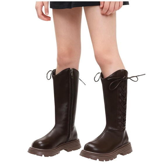 Miluxas Kid's Girls Leather Lace up Side Zipper Mid Calf Combat Riding Boots Winter Fleece Lined Warm Casual Boots (Toddler/Little Kid/Big Kid) Brown 11 M(28)