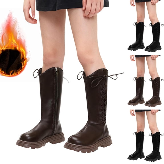 Miluxas Kid's Girls Leather Lace up Side Zipper Mid Calf Combat Riding Boots Winter Fleece Lined Warm Casual Boots (Toddler/Little Kid/Big Kid) Brown 3.5M(37)