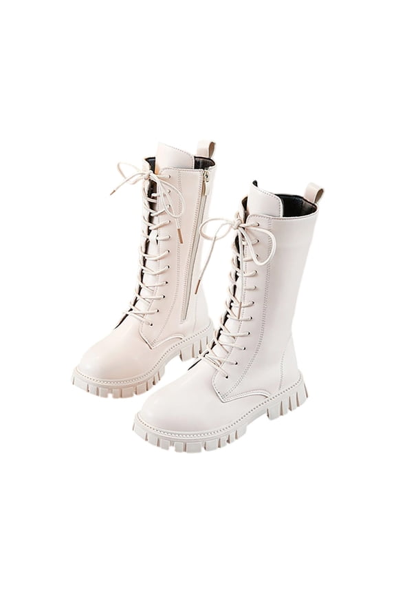 Kid's Girls Leather Lace-up Zipper Plush Lined Mid Calf Combat Riding Winter Boots (Toddler/Little Kid/Big Kid) White 1(34)