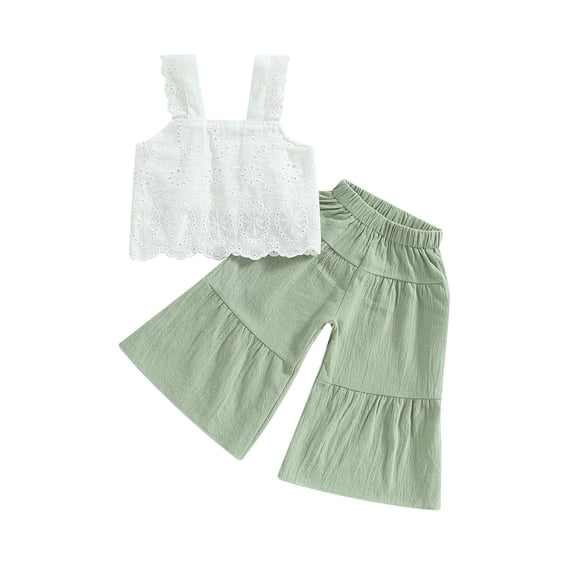 Miluxas Kids' Boho Lace Top & Tiered Pants Set, Sleeveless Crochet Cami & Elastic Waist Ruffle Pants, Casual Summer Outfit for Girls Green 5 Years