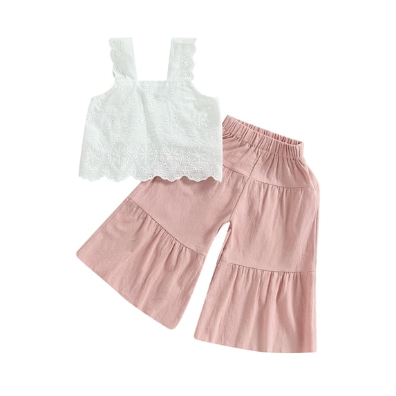 Miluxas Kids' Boho Lace Top & Tiered Pants Set, Sleeveless Crochet Cami & Elastic Waist Ruffle Pants, Casual Summer Outfit for Girls Pink 3 Years