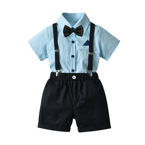 Miluxas Kids Clothing Toddler Boys Clothes Short Sleeve Bowtie Shirt+Straps Shorts Outfits Suits Gentleman Tuxedos Blue 6-7 Years
