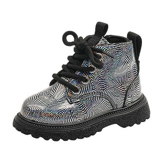 Miluxas Kids Girls Fashion Shiny Combat Work Boots Lace up Side Zipper Ankle Boots(Toddler/Little Kid/Big Kid) Black 12(30)