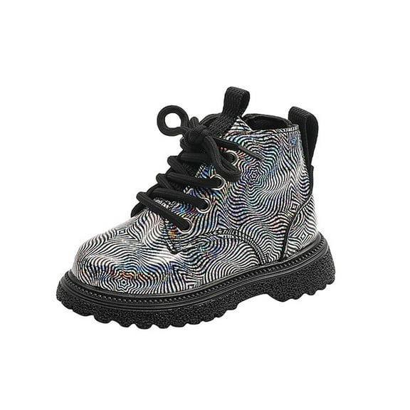 Miluxas Kids Girls Fashion Shiny Combat Work Boots Lace up Side Zipper Ankle Boots(Toddler/Little Kid/Big Kid) Black 9.5(26)