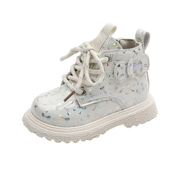 Miluxas Kids Girls Fashion Shiny Combat Work Boots Lace up Side Zipper Ankle Boots(Toddler/Little Kid/Big Kid) White 11.5(29)