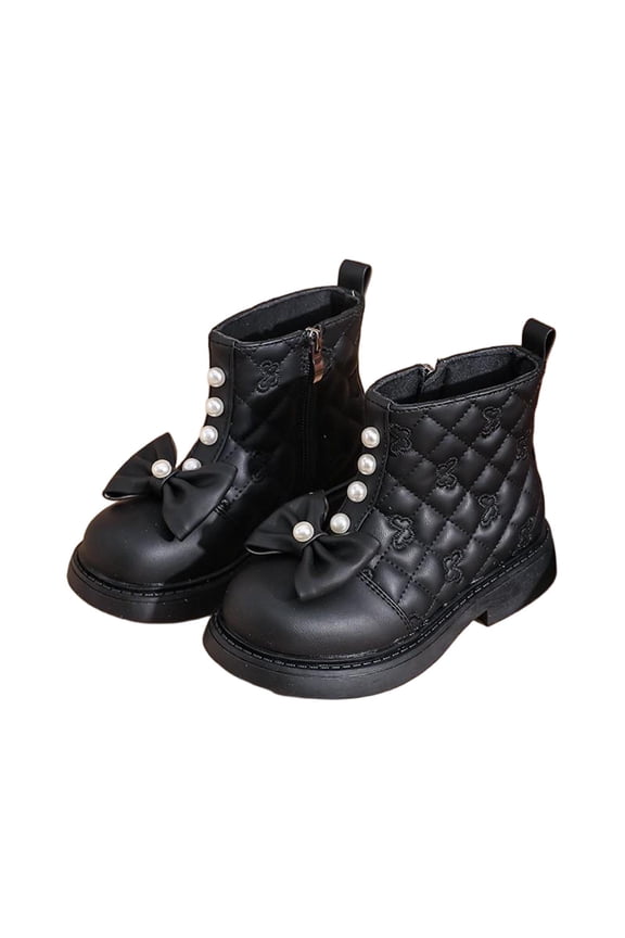 Kids Girls Pearl Bowknot Side Zipper Princess Dress Boots Soft Sole Anti Slip Fashion Cute Birthday Wedding Shoes Black 2(36)