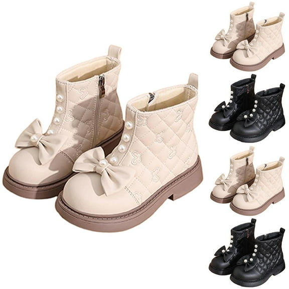 Miluxas Kids Girls Pearl Bowknot Side Zipper Princess Dress Boots Soft Sole Anti Slip Fashion Cute Birthday Wedding Shoes White 2(36)