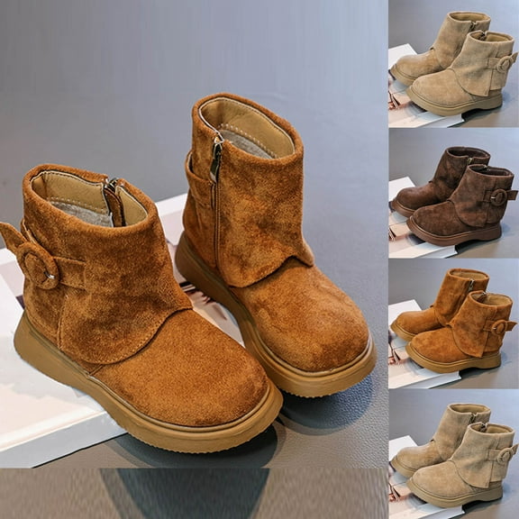 Miluxas Kids Snow Boots Suede Leather, Girls Winter Boots with Warm Fleece Lining and Durable Non-Slip Sole Side Zipper Fashion Boots Yellow 2 M(36)