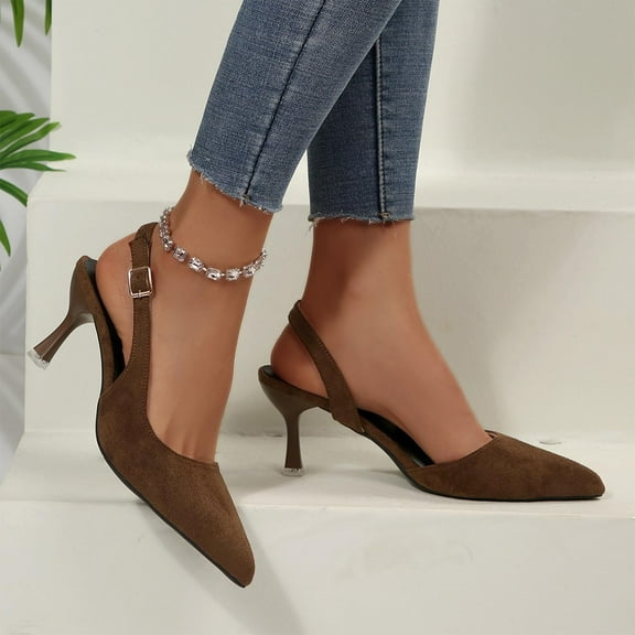 Miluxas Kitten Heels for Women Pointed Toe Pumps Leather Low Heel Slingback Heels with Buckle Dress Shoes for Dating Party Working Brown 6.5(38)