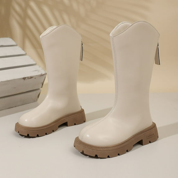 Miluxas Knee High Boots, Comfortable Chunky Platform Round-Toe Side Zip Boots for Girl Beige 1(34)