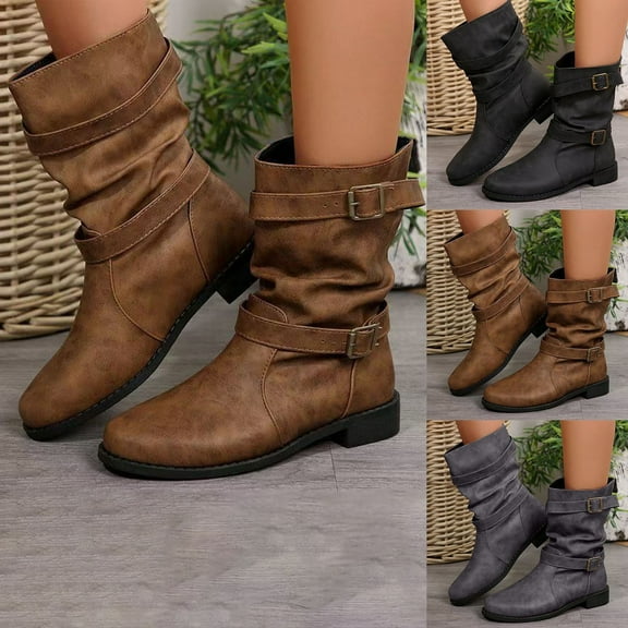 Miluxas Knee High Boots Low Heel Western Boots for Women Mid Calf Tall Cowgirl Boots Wide Calf Women Mid Calf Boots Short Cowboy Boots for Women Gray 9.5(43)