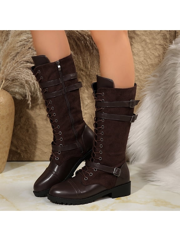 Knee High Boots Women , Fashion Combat Boots Chunky Platform Lace Up Lug Sole Boots For Women