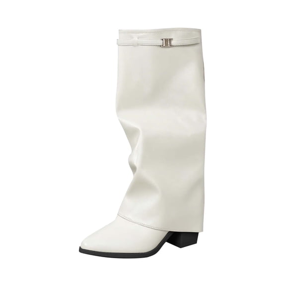 Miluxas Knee High Boots Women, Fashion Combat Boots Chunky Platform Mid Heel Mid Calf Boots for Women Beige 5.5(36)