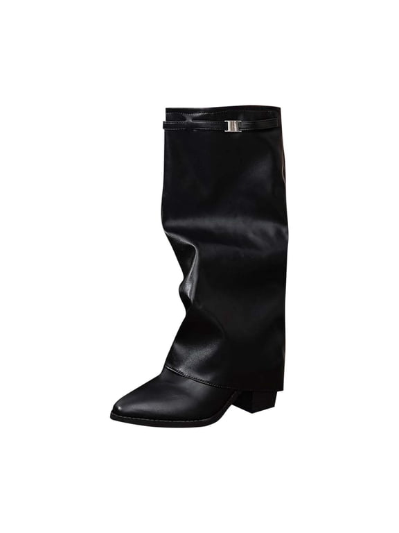 Knee High Boots Women, Fashion Combat Boots Chunky Platform Mid Heel Mid Calf Boots for Women Black 7.5(40)