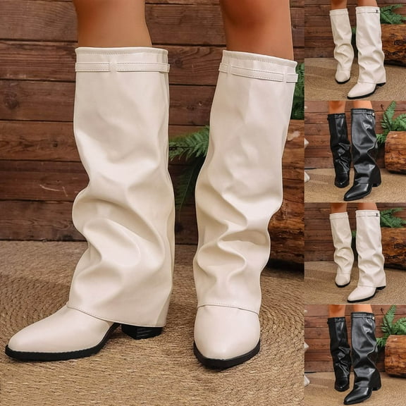 Miluxas Knee High Boots Women, Fashion Combat Boots Chunky Platform Mid Heel Mid Calf Boots for Women Black 9.5(43)