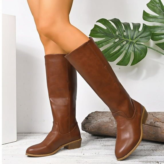 Miluxas Knee High Boots Women Square Almond Toe Flat Chunky Low Heel Riding Boots Brown 9(42)