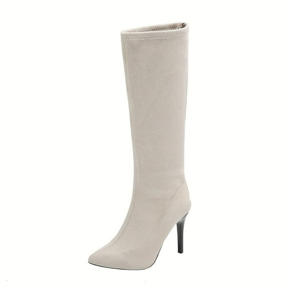 Miluxas Knee High Boots for Women High Heel Faux Suede Pointed Toe Fall Winter Fashion Straight Long Boots Beige 7(39)