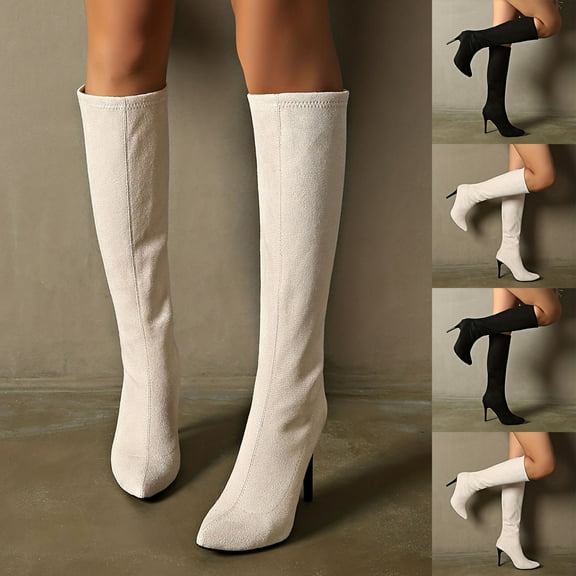 Miluxas Knee High Boots for Women High Heel Faux Suede Pointed Toe Fall Winter Fashion Straight Long Boots Black 7.5(40)