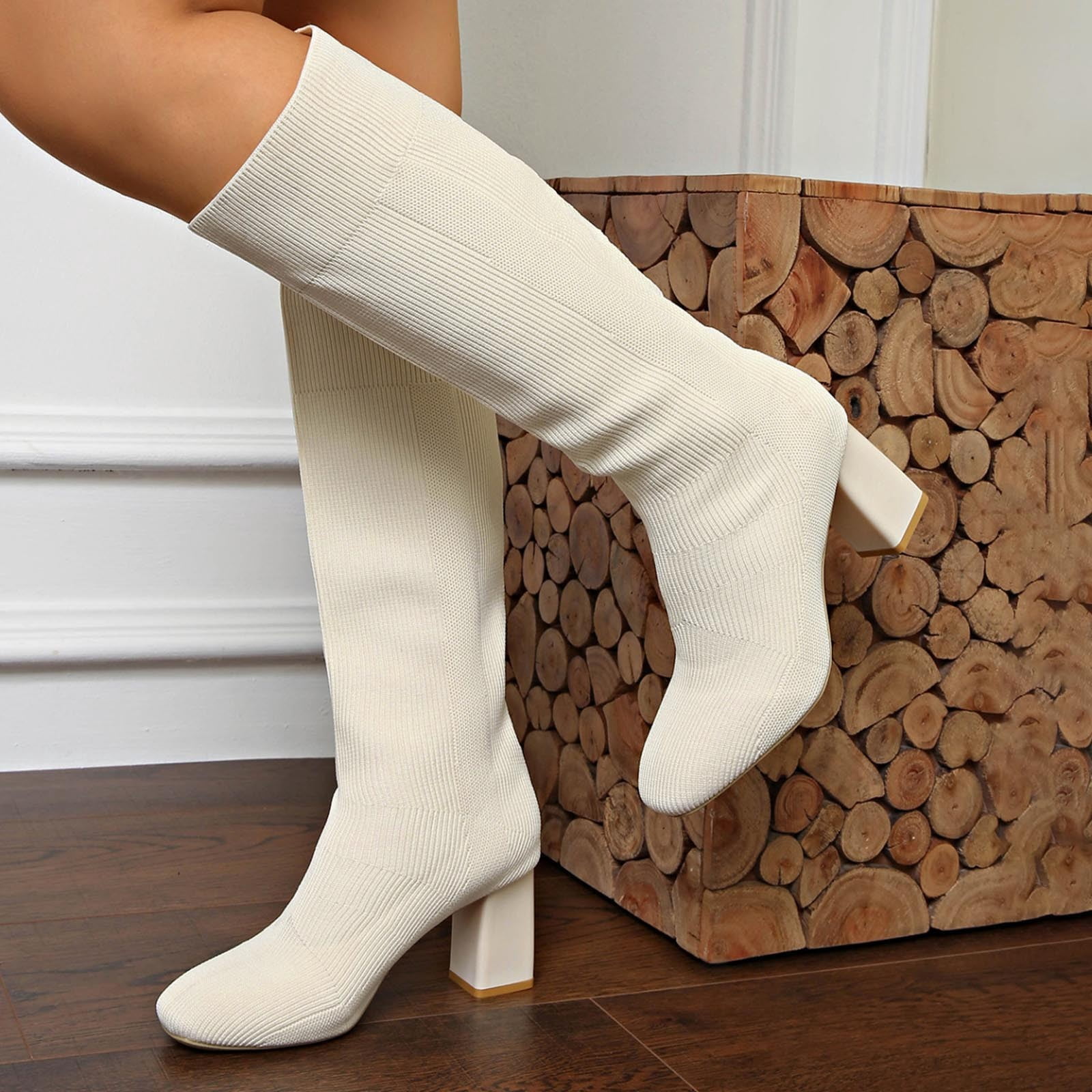 Miluxas Knee High Stretch Boots Chunky Heeled Knee High Square Toe Pull ...