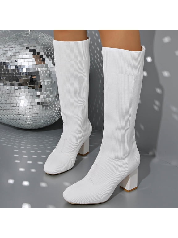 Knee High Stretch Boots Chunky Heeled Knee High Square Toe Pull On Boots White 5.5(36)