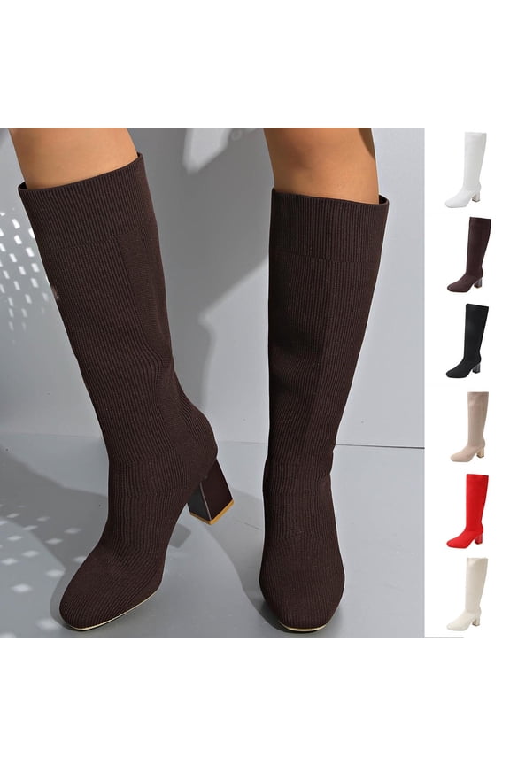 Knee High Stretch Boots Chunky Heeled Knee High Square Toe Pull On Boots White 9(42)