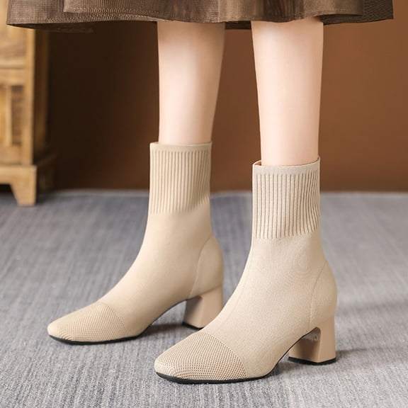 Miluxas Knit Ankle Boots for Women Chunky Block Heel Chelsea Boot Stretchy Breathable Knit Sock Booties for Fall Slip On Comfortable Winter Bootie Beige 9.5(43)