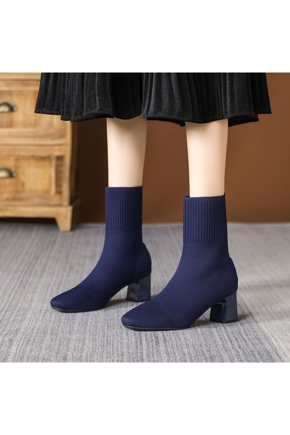 Knit Ankle Boots for Women Chunky Block Heel Chelsea Boot Stretchy Breathable Knit Sock Booties for Fall Slip On Comfortable Winter Bootie Navy 5.5(36)