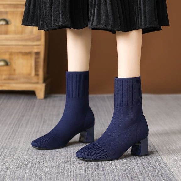 Miluxas Knit Ankle Boots for Women Chunky Block Heel Chelsea Boot Stretchy Breathable Knit Sock Booties for Fall Slip On Comfortable Winter Bootie Navy 9.5(43)
