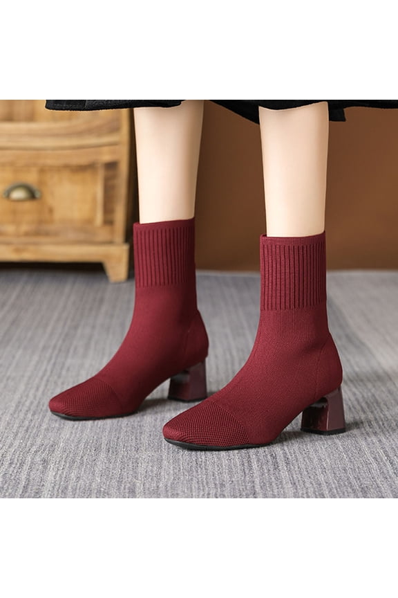 Knit Ankle Boots for Women Chunky Block Heel Chelsea Boot Stretchy Breathable Knit Sock Booties for Fall Slip On Comfortable Winter Bootie Wine 6.5(38)