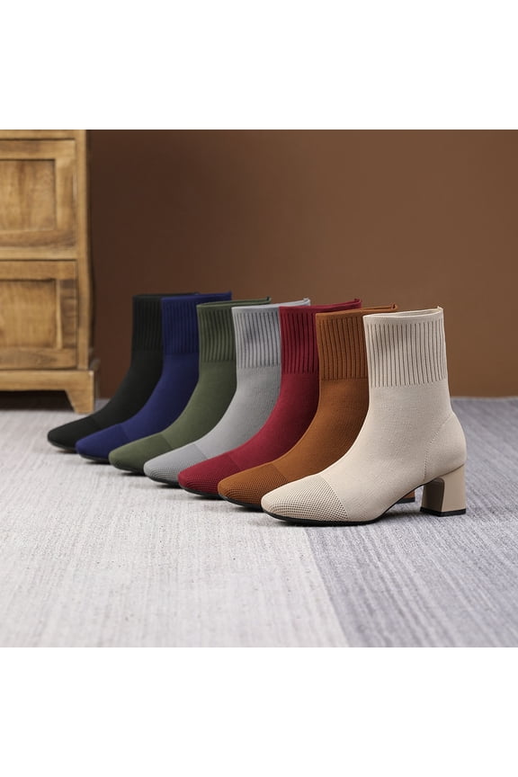 Knit Ankle Boots for Women Chunky Block Heel Chelsea Boot Stretchy Breathable Knit Sock Booties for Fall Slip On Comfortable Winter Bootie Wine 9.5(43)