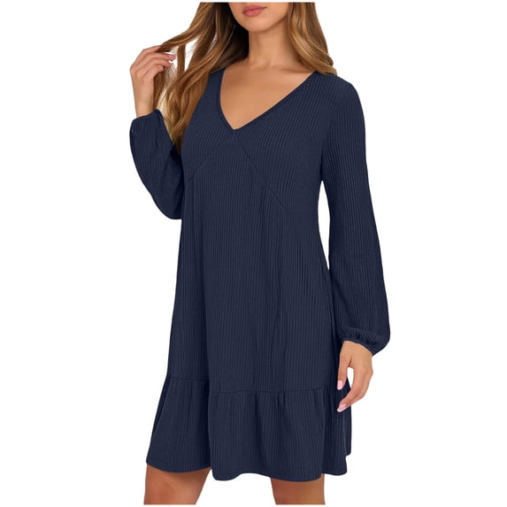 Miluxas Knit Dress for Women Ruffled Hem Long Sleeve Mini Dress Loose Fit V Neck Go Out Gown for Spring Summer Blue