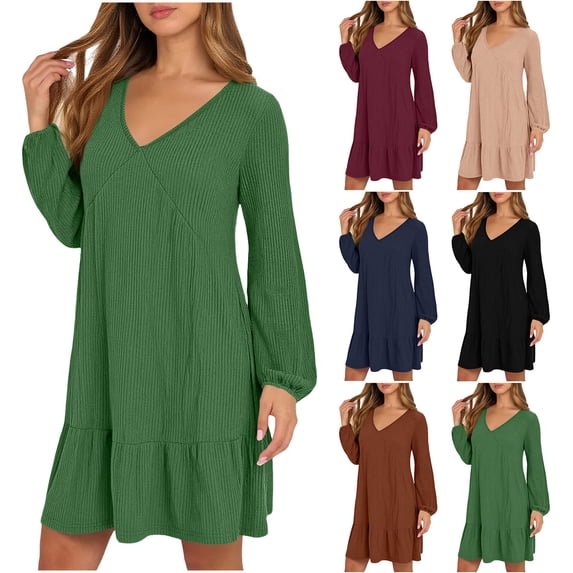 Miluxas Knit Dress for Women Ruffled Hem Long Sleeve Mini Dress Loose Fit V Neck Go Out Gown for Spring Summer Red